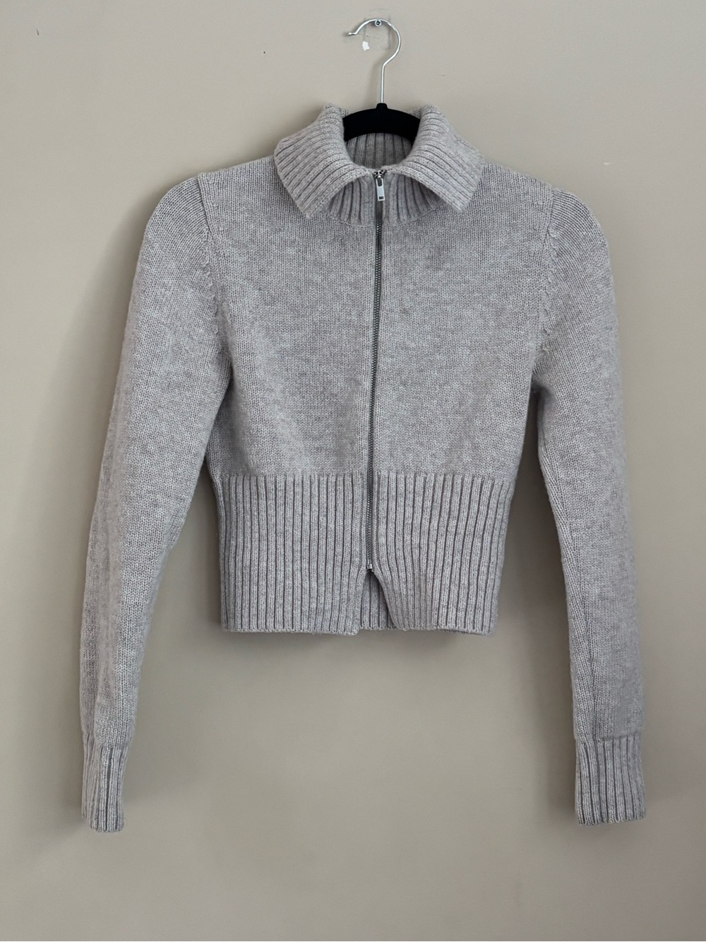 COS Wool Ribbed Hem Zip-Up Cropped Cardigan - Light Gray